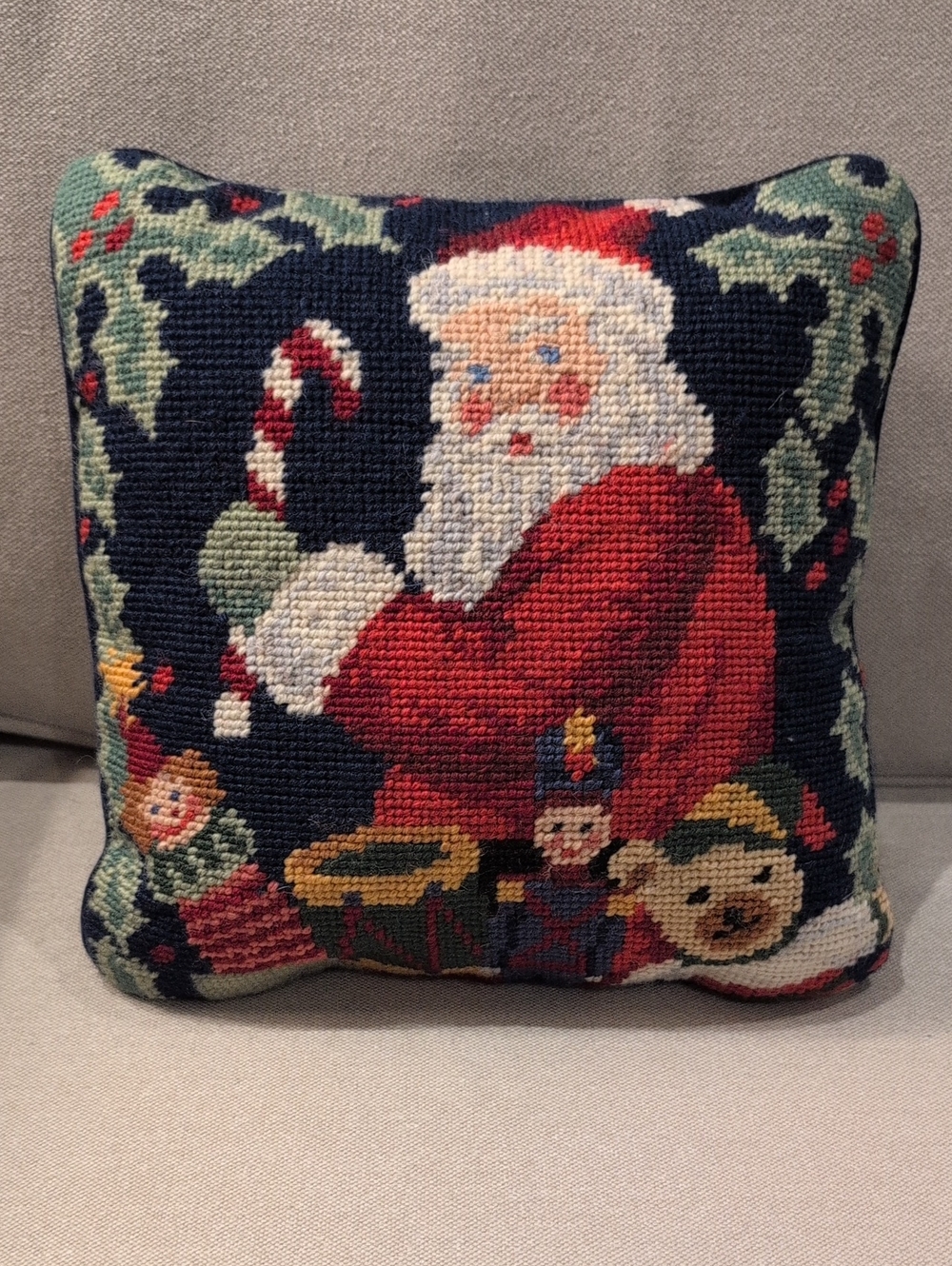 Vintage Holiday Santa Needlepoint Throw Pillow Navy Blue Velvet
